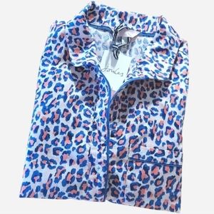 Joules Dream Pajama Top Button Down Shirt NWT Small Blue Pink Cheetah Collar